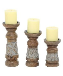 Grayson Lane Brown 1-Candle Wood Pillar Candle Holder - Set of 3