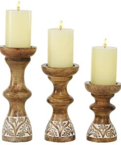 Grayson Lane 1-Candle Brown Wood Pillar Candle Holder - Set of 3