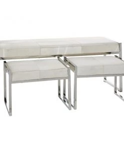 Grayson Lane Modern Glam Metallic Silver White Leather Accent Bench - Set of 3