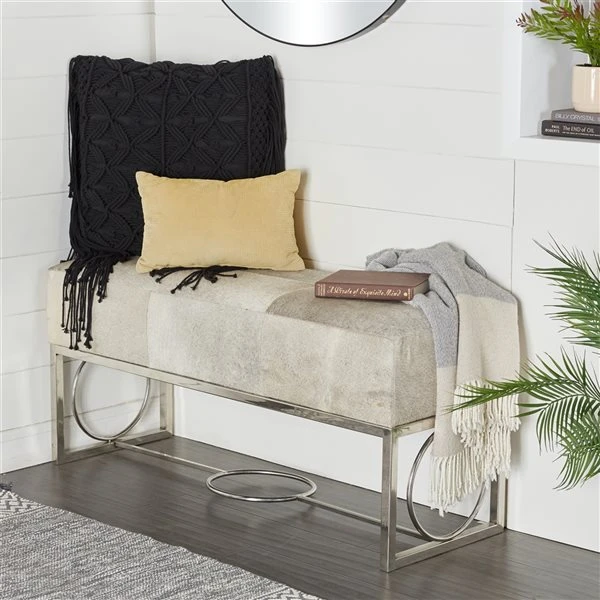 Grayson Lane Industrial White Cowhide Accent Bench 2 Grayson Lane Industrial White Cowhide Accent Bench - Image 2