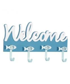 Grayson Lane Coral Blue Wood Fish-Themed Welcome Decorative 4 Screw Wall Hooks - Set of 1