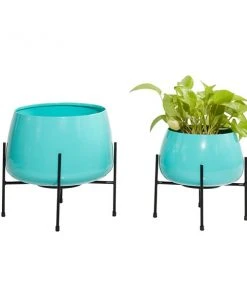 Grayson Lane 10.7-in W x 9.9-in H Teal Metal Planter - 2-Pack