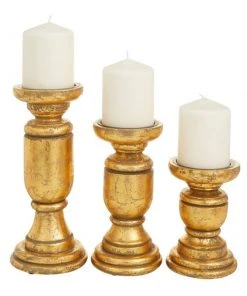 Grayson Lane 1-Candle Gold Wood Pillar Candle Holders - 3-Piece