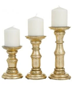 Grayson Lane 1-Candle Gold Wood Pillar Candle Holders - 3-Pack