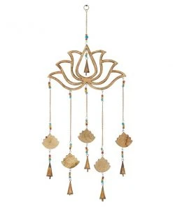 Grayson Lane 30-in Gold Wood Lotus Flower Wind Chime with Cone-Shaped Bells