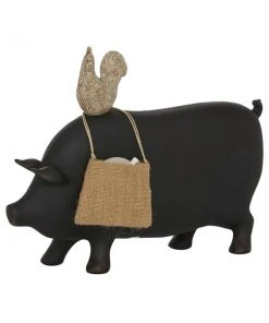 Grayson Lane Farmhouse Black Resin/Stone Pig Blackboard with Burlap Bag and Chicken Sculpture Tabletop Decoration