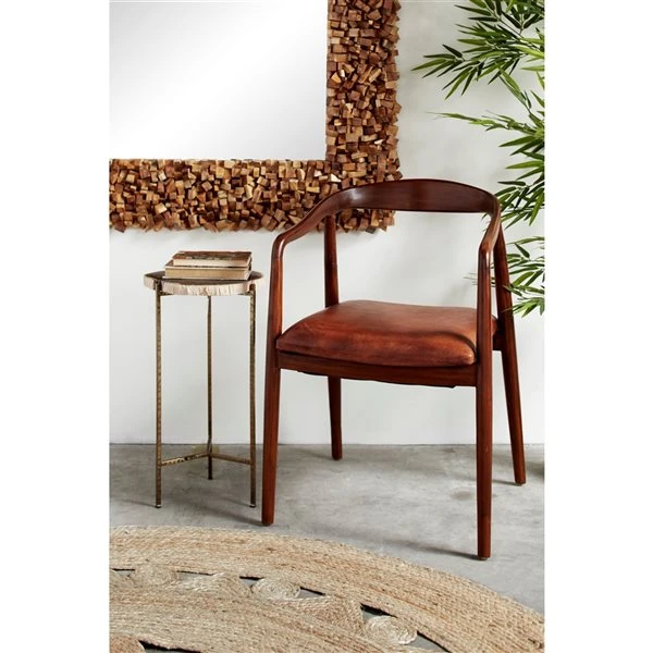 Grayson Lane Brown Leather and Teak Contemporary Dining Chair with Arms and Wooden Frame 2 Grayson Lane Brown Leather and Teak Contemporary Dining Chair with Arms and Wooden Frame - Image 2