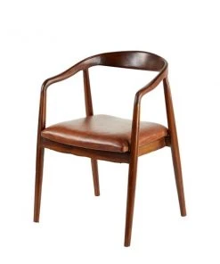 Grayson Lane Brown Leather and Teak Contemporary Dining Chair with Arms and Wooden Frame