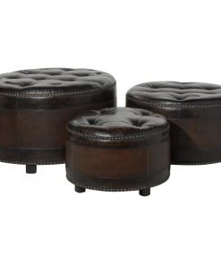 Grayson Lane Rustic Brown Faux Leather Round Ottomans - Set of 3