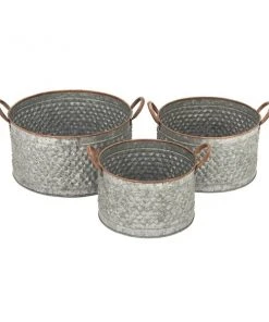 Grayson Lane 16-in W x 10-in H Farmhouse Grey Metal Round Planters with Handles - Set of 3