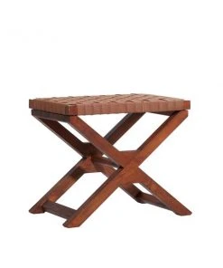 Grayson Lane Traditional Brown Faux Leather and Wood Finish X-Shaped Square Ottoman