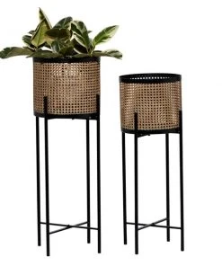 Grayson Lane 11-in W x 31.5-in H Glam Gold Perforated Metal Round Planters with Black Stands - Set of 2
