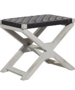 Grayson Lane Farmhouse Black Faux Leather and Distressed White X-Shaped Wood Frame Square Ottoman