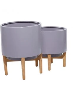 Grayson Lane 15.7-in W x 20.1-in H Contemporary Grey Metal Round Planters with Wood Stands - Set of 2 -GRAYSON LANE shop 330945087 AlternateImage5 l