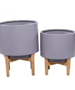 Grayson Lane 15.7-in W x 20.1-in H Contemporary Grey Metal Round Planters with Wood Stands - Set of 2