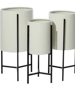 Grayson Lane 15-in W x 27-in H Modern Glossy Cream Metal Round Planters with Black Stands - Set of 3