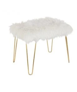 Grayson Lane Modern White Faux Fur and Gold Frame Rectangle Ottoman