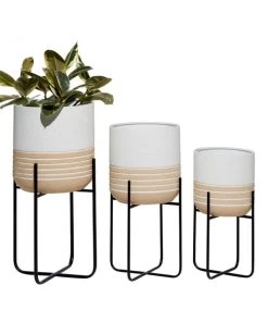 Grayson Lane 14-in W x 27.5-in H Farmhouse White/Beige Metal Round Planters with Black Stands - Set of 3