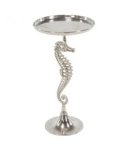 Grayson Lane 29-in x 16-in Silver Aluminum Coastal Round End Table with Seahorse Sculpture
