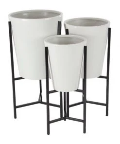 Grayson Lane 15-in W x 27-in H Modern White Metal Round Planters with Black Stands - Set of 3