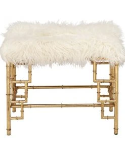 Grayson Lane Modern White Faux Fur and Gold Iron Rectangle Ottoman