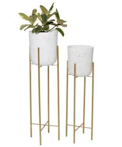 Grayson Lane 13-in W x 46-in H Contemporary White Metal Round Planters with Gold Stands - Set of 2