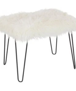 Grayson Lane Chic White Faux Fur and Black Frame Rectangle Ottoman
