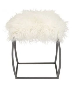 Grayson Lane Modern White Faux Fur with Black Frame Ottoman
