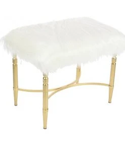 Grayson Lane Modern White Faux Fur and Gold Metal Rectangle Ottoman