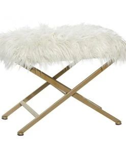 Grayson Lane Modern White Faux Fur Rectangle Ottoman with X-Shaped Gold Metal Frame