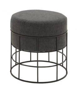 Grayson Lane Modern Grey Linen Round Ottoman with Metal Frame