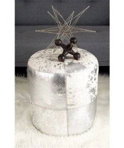 Grayson Lane Glam Silver Genuine Leather Round Ottoman -GRAYSON LANE shop 330945473 AlternateImage2 l